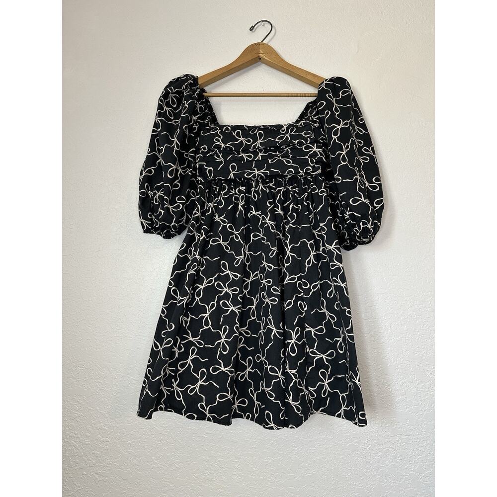 Abercrombie & Fitch Emerson Puff Sleeve Babydoll Dress Black Bow Mini Short XS